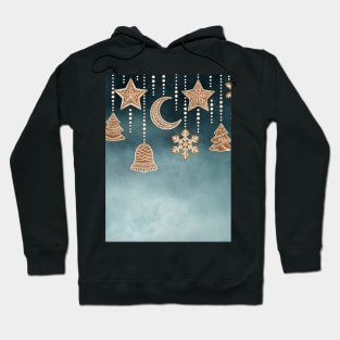 Gingerbread Christmas decorations seamless border. Ornate cookies star, moon, bell, snowflakes, Christmas tree watercolor illustration, Sweet winter décor Hoodie